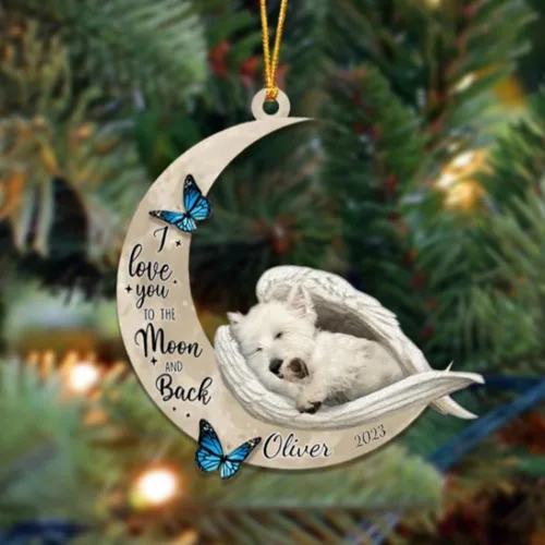Miniatura 25 de Adorno colgante personalizado de ángel durmiendo en la luna, perro sabueso afgano, nombre personalizado, acrílico impreso en 2D plano – cumpleaños