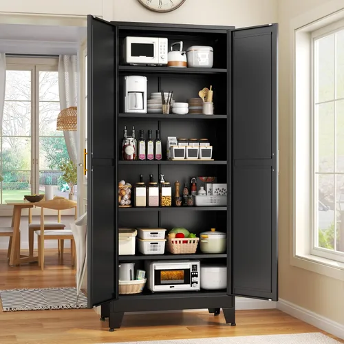 GAIOUS - Armario alto de almacenamiento de 75.2 pulgadas, gabinetes de despensa con 2 puertas y 5 estantes ajustables, gabinete de cocina negro,