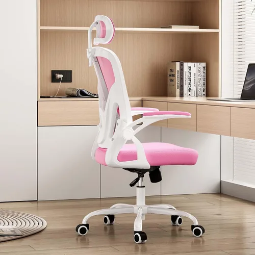 Miniatura 10 de Silla de oficina ergonómica con soporte lumbar ajustable y reposacabezas, silla de escritorio de malla de respaldo alto con reposabrazos abatibles