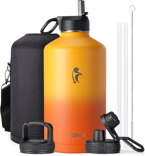 Miniatura 59 de Coolflask Botella de agua de 20 onzas aislada con pajilla, 3 tapas de metal de acero inoxidable, botella de agua de boca ancha para deportes u