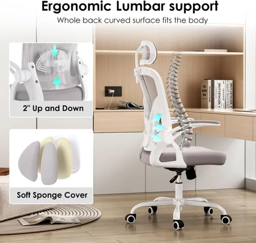 Miniatura 7 de Ergonomic Office Chair, Home Desk Chair with Adjustable & 30° Rotating Headrest, Vertical Adjustable Lumbar Support, Breathable Mesh Back, Elastic