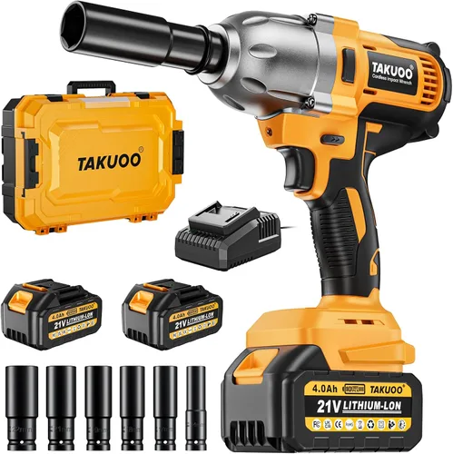 Takuoo Llave de impacto inalámbrica de 1/2 pulgada sin escobillas, par máximo (1200N.m) 900 pies-libra de impacto eléctrico con batería de 4000mAh