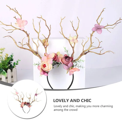Miniatura 2 de Minkissy Diadema de cornamenta de ciervo, diadema de cuernos de reno de Navidad, diadema de ramas de árbol, tocado para el cabello, accesorios
