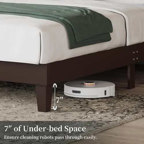 Miniatura 7 de Yaheetech Cama de madera tamaño matrimonial, marco de cama de madera de caucho espresso con cabecera diseñada en V, listones de soporte de madera