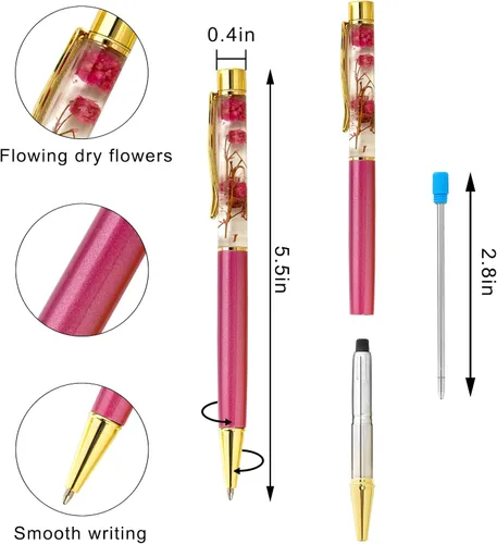 Miniatura 2 de 10 bolígrafos líquidos florales de metal rosa con 10 repuestos adicionales, tinta azul, bolígrafos de colores, bolígrafos recargables, suministros