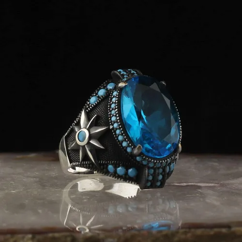 Miniatura 2 de Mens Ring Sterling Silver Aquamarine Stone Jewelry for Men Rings Signet Anillos para Hombre Turkish Rings Anillo de Plata Mens Gemstone Rings Man