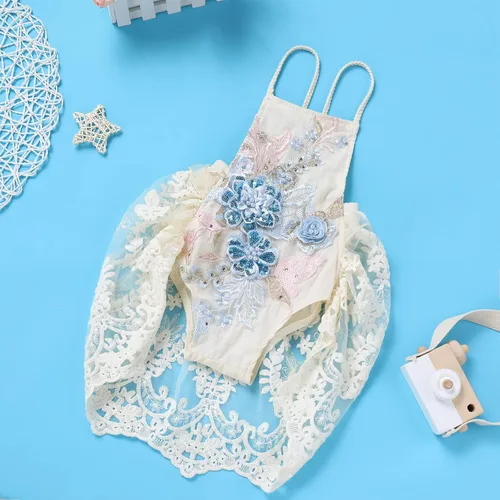 Miniatura 4 de Traje de primer cumpleaños para niña con volantes manga corta encaje floral vestido de tul diadema de corona sesión de fotos