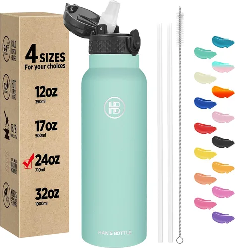 Miniatura 61 de Han's Bottle - Botella de agua para niños con tapa con pajilla - Vaso reutilizable de acero inoxidable aislado para niñas, niños, taza termo, 17