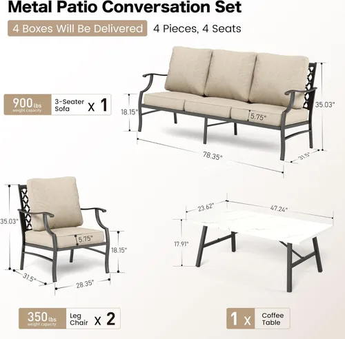 Miniatura 8 de SUNSHINE VALLEY Juego de muebles de patio, 4 piezas de muebles modernos de metal para exteriores, sofá de 3 plazas, 2 sillas fijas, mesa de café