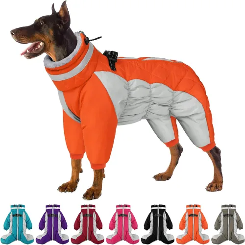 Miniatura 11 de Abrigo de cuerpo completo para perro – Chaqueta cálida de vellón para perros grandes, abrigos de invierno de cuello alto con arnés, traje de nieve