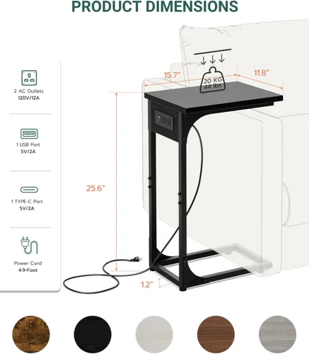 Miniatura 2 de Mesa auxiliar en forma de C para sofá, soporte de café pequeño, bandeja de sofá con marco de metal, parte superior de madera impermeable resistente