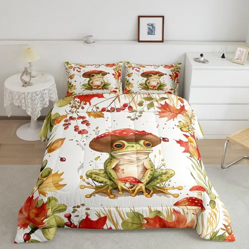 Miniatura 2 de Castle Fairy Juego de edredón de hongos, tamaño individual, lindo juego de ropa de cama de hojas de palma de rana y 2 piezas para decoración