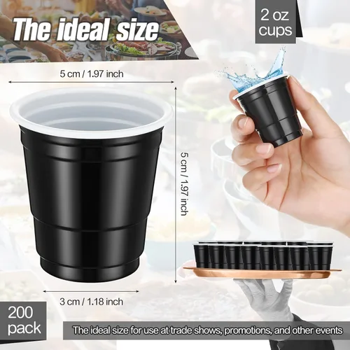Miniatura 2 de 200 vasos de plástico de 2 onzas para degustación de vino, whisky, alimentos, graduación, boda, baby shower, fiesta, beber cerveza (color negro)