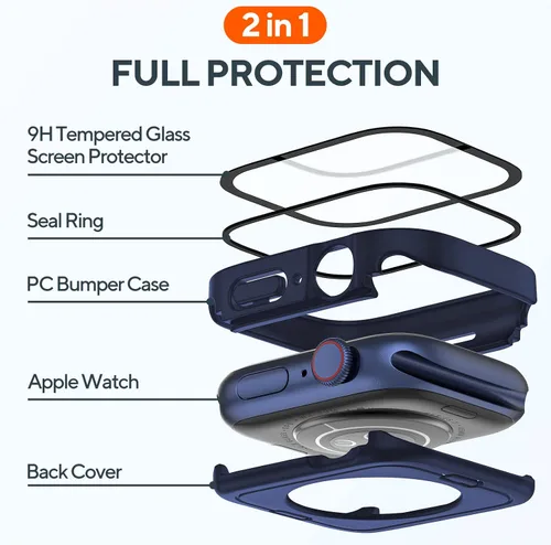 Miniatura 3 de Paquete de 2 fundas impermeables de 2 en 1 para Apple Watch Series 8 7 de 45 mm, parachoques frontal y trasero de PC de borde recto con protector