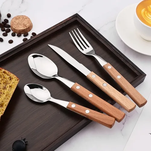 Miniatura 7 de Juego de cubiertos de madera de acero inoxidable 304 con mango ancho, juego de cubiertos de madera duradera, utensilios reutilizables, espejo