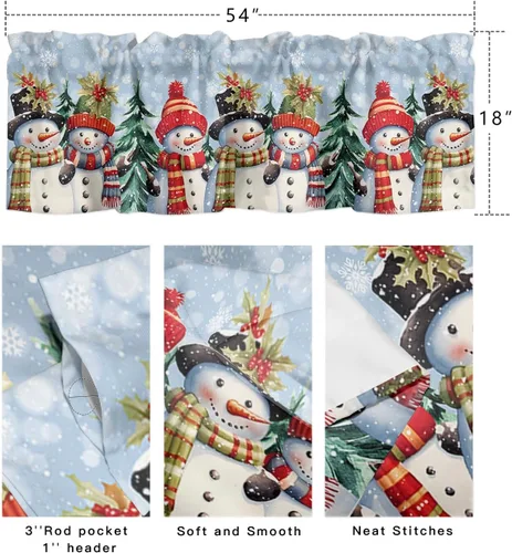 Miniatura 7 de Cenefa de Navidad para ventanas, cortinas de muñeco de nieve, cenefas con bolsillo para barra, tratamientos de ventana, cortinas cortas azules