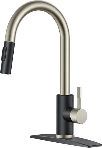 Miniatura 10 de FORIOUS Grifo de cocina con rociador desplegable, níquel cepillado, arco alto, moderno, clásico, grifo de fregadero de acero inoxidable con placa