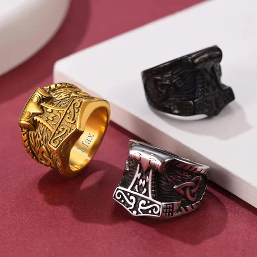 Miniatura 9 de FaithHeart Norse Viking Jewelry - Anillo de acero inoxidable de guerrero para hombre con diseño vikingo de cabeza de lobomartillo de Thor