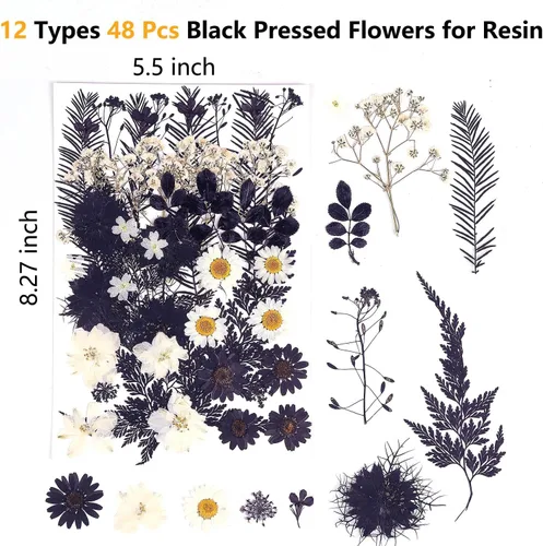 Miniatura 2 de 12 tipos 48 piezas flores secas prensadas reales para resina, herbario de plantas de hojas para fabricación de joyas artesanales (negro y blanco)