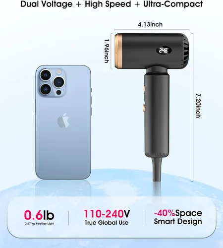 Miniatura 2 de Secador de pelo de viaje, mini secador iónico de doble voltaje para secado rápido, secador de pelo compacto y ligero con difusor magnético