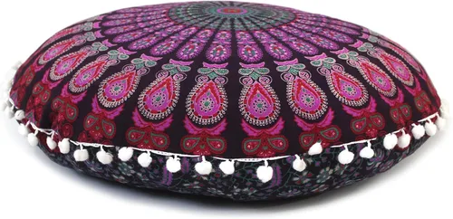 Miniatura 24 de Funda redonda para cojín de piso con mandala, estilo hippie, decorativa, bohemio, para puf otomano, con pompones, fundas de almohada, boho, indio