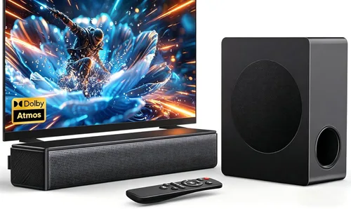 GEOYEAO Barra de sonido con subwoofer, barra de sonido de 200 W y 2.1 canales con sistema de sonido envolvente Dolby Atmos para Smart TV/Proyector/PC