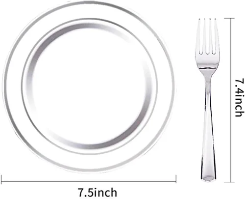 Miniatura 2 de Nervure 140 platos de plástico dorado festoneado y cubiertos de plástico dorado con mango blanco: 40 platos, 20 tazas, 20 tenedores, 20 cuchillos