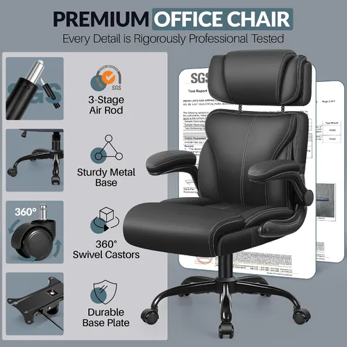 Miniatura 4 de Silla de oficina, silla ergonómica grande y alta para escritorio de computadora con reposacabezas ajustable retráctil, silla ejecutiva de cuero