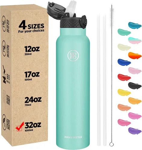 Miniatura 43 de Han's Bottle - Botella de agua para niños con tapa con pajilla - Vaso reutilizable de acero inoxidable aislado para niñas, niños, taza termo, 17