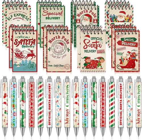 Zhanmai Juego de 32 mini blocs de notas de Navidad con bolígrafos, bloc de notas en espiral del polo norte, bolígrafos oficiales de entrega de Papá