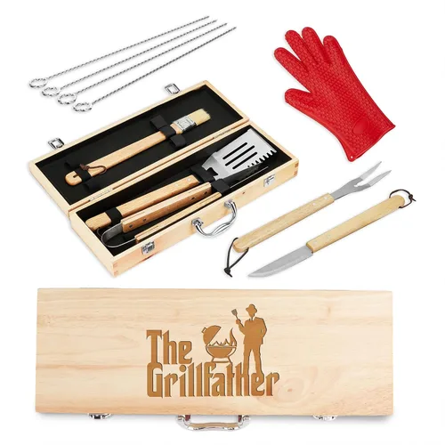 Miniatura 16 de Juego de parrilla BBQ de 11 piezas con caja de madera de arce grabada, herramientas de barbacoa de acero inoxidable premium con mangos de madera