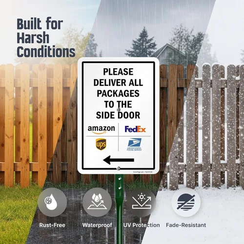 Miniatura 2 de SmartSign Letrero de flecha izquierda con texto en inglés "Please Deliver All Packages to The Side Door", 10 x 7 pulgadas, aluminio laminado a