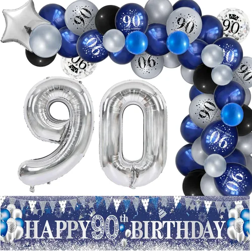 Miniatura 10 de Decoraciones de fiesta de cumpleaños 60, azul marino, plateado, pancarta de feliz cumpleaños 60 con 61 globos de látex, globos de aluminio