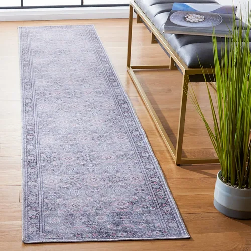 SAFAVIEH Serapi Collection - Alfombra lavable de 2 x 9 pies, gris y rosa, antideslizante y fácil de limpiar, ideal para pasillo, vestíbulo, entrada,