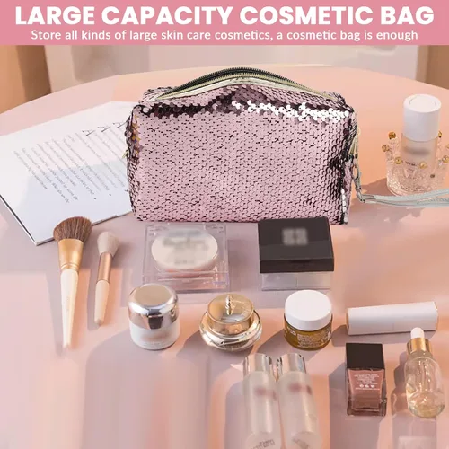 Miniatura 5 de Magic Sequin Travel Cosmetic Bags Reversible Glitter Maquillaje Organizador Bolsa Bolsa para Mujer (Rosa)