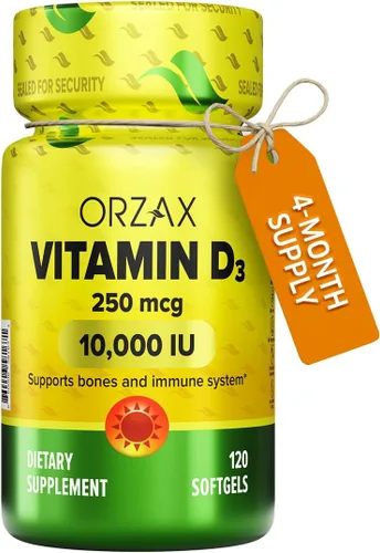ORZAX Vitamina D3 10000 iu (250 mcg) - Sin OMG, sin gluten, sin azúcar, sin lácteos - Suministro de 120 días para una función muscular fuerte y