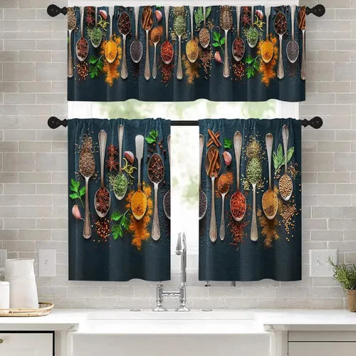 Juego de cenefas y niveles de cortinas de ventana de cocina con especias y hierbas, cortina de nivel corto vintage de granja para baño, cortinas