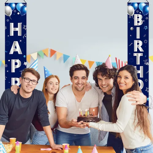 Miniatura 6 de Turypaty Cartel de feliz cumpleaños azul plateado para hombres y niños, cartel de feliz cumpleaños, porche, suministros de fiesta, decoración
