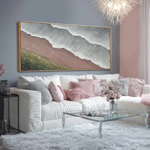 SHEYOYE Lienzo abstracto de montaña gris azul y gris pardo con colinas verde oliva, 32 x 71 pulgadas, decoración de paisaje con textura grande en