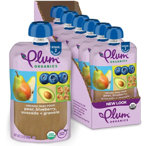 Plum Organics Stage 2 - Alimento orgánico para bebés, pera, arándano, aguacate y granola, bolsa de 3.5 onzas (paquete de 6), bolsa orgánica de