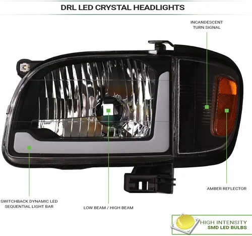 Miniatura 3 de 7422448547535 Compatible con Toyota Tacoma Switchback 2001-2004 Barra de tira LED secuencial de carcasa negra con luces de faro y lámparas