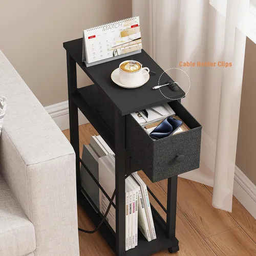 Miniatura 3 de DGSANDGO Mesa auxiliar estrecha (1 unidad) – Mesa auxiliar negra con protección contra sobrecarga, cajón de estación de carga y 4 ruedas, mesita