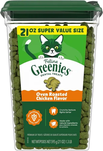 Greenies Golosinas dentales naturales para gatos adultos recomendadas por veterinarios, sabor pollo asado al horno, envase de 21 oz