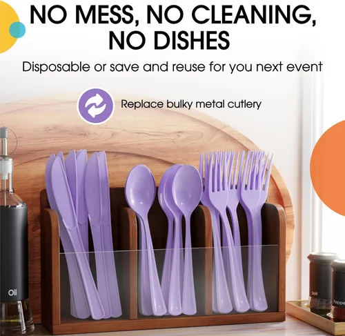 Miniatura 5 de Cubiertos desechables de plástico lavanda resistente, 50 unidades, incluyendo cucharas, tenedores y cuchillos