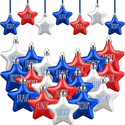 Miniatura 9 de Honoson 24 adornos colgantes del 4 de julio, decoración patriótica de árbol de estrella, adorno colgante para el día de los Caídos, rojo, azul