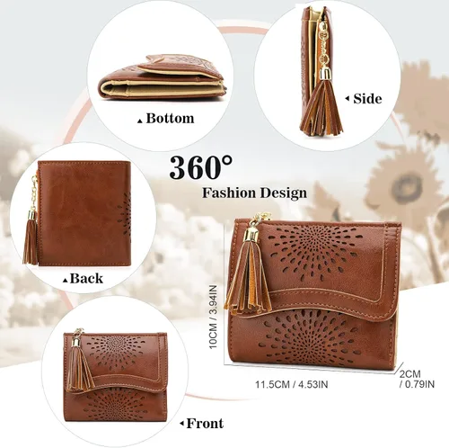 Miniatura 5 de APHISON Cartera pequeña para mujer, cartera RFID de girasol para mujer, de piel, bonita, compacta, plegable, con cremallera, borla, monedero