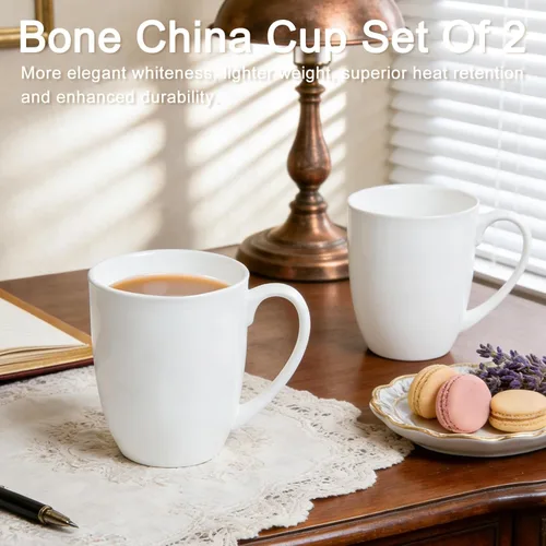 Miniatura 5 de Tazas de Café Blancas de Porcelana Fina de Hueso en Juego de 2, Tazas de Té de 11 Oz con Mango Grande, Tazas de Café de Cerámica Ligeras, Tazas