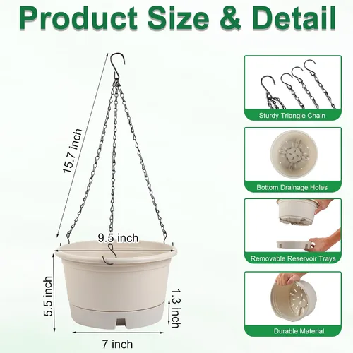 Miniatura 2 de Macetas colgantes de 10 pulgadas para plantas de interior, paquete de 4 cestas colgantes de plástico con bandejas extraíbles y cadena de 15.7