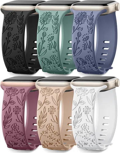 SNBLK Paquete de 6 correas florales grabadas compatibles con Apple Watch de 40mm 41mm 42mm 38mm 44mm 45mm 46mm 49mm, mujeres y hombres, correa de