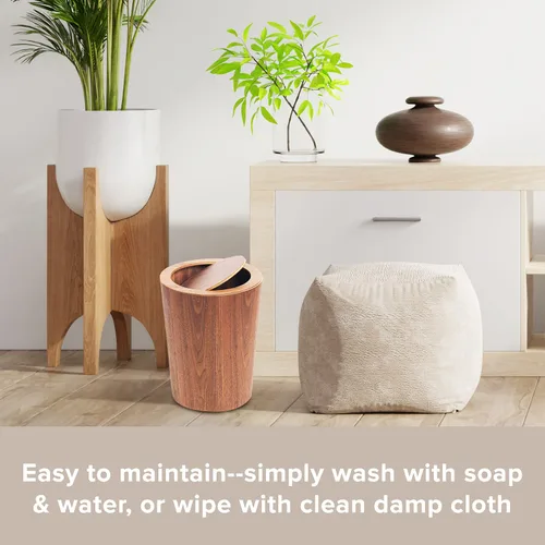 Miniatura 5 de Moderno bote de basura redondo con tapa, cesta de basura de grano de madera en nogal, 9.25 x 7.5 x 11.8 pulgadas, cubo de basura pequeño decorativo